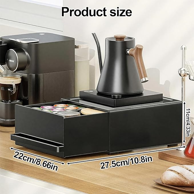 Coffee Pod Organizer Storage Box with Drawer, Space Saving Under-Appliance Storage Holder for Countertop for Kettle, Coffee Makers, Mixers, Sugar, Tea Bags, Coffee Pod