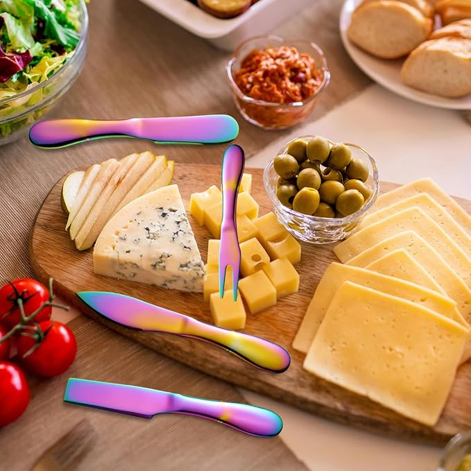 Rainbow Cheese Knives Set Stainless Steel Kitchenware Gadgets 7 Pieces include Colorful UtensilsCheese Knife,Cheese Spreader,Color Cheese Forks, Cheese Slicer,Cheese Cutter, Butter Knife