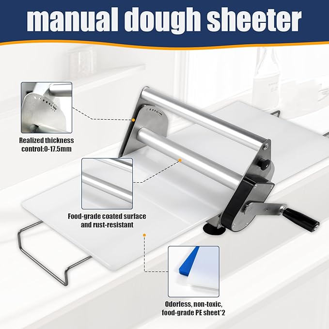 Manual Folding Dough Sheeter Countertop - 0-17.5mm Adjustable Thickness, Stainless Steel Dough Roller with 2 Sheeter Boards