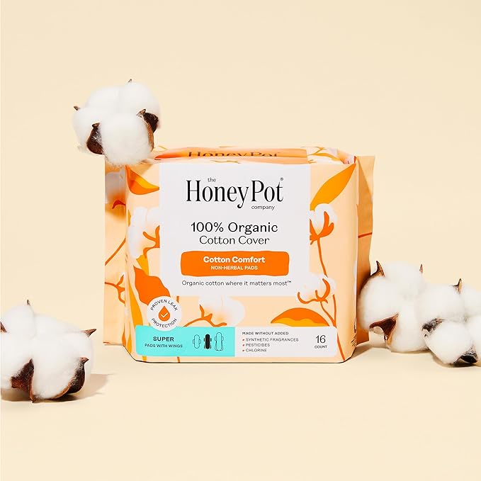 The Honey Pot Company - 64ct - Sanitary Pads for Women - Non-Herbal Super w/Wings - Organic - Cotton Cover, & Ultra-Absorbent Pulp Core - Feminine Care