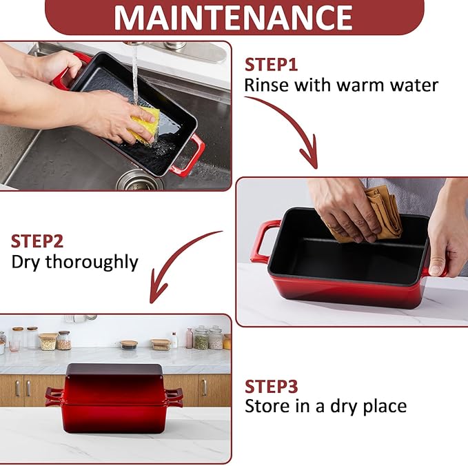Leonyo 9x5 inch Enameled Cast Iron Loaf Pan, 2 Piece Homemade Sourdough Bread Loaf Pan with Lid, 2-in-1 Dutch Oven for Bread Baking, Pound Cake, Even Heat Distribution & Up to 500℉, Red