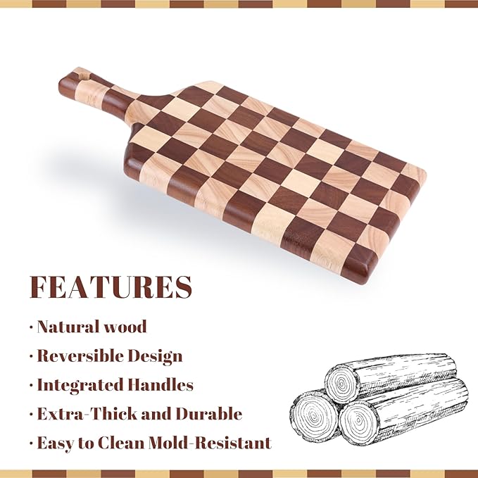 Checkered Rectangular Cutting Board with Handle for Kitchen, 15"L x 7"W x 1" Thick – Wooden Chopping & Charcuterie Serving Board in Acacia Wood for Meat, Bread, Fruit & Vegetables