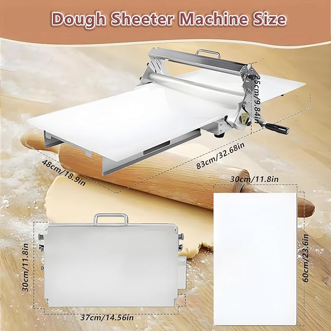 Commercial Dough Sheeter Machine, Reversible Puff Pastry Sheeter and Fondant Roller, Manual Dough Roller, Adjustable Thickness 0-25mm, Folding Dough Sheeter for Bakeries, Pastries,60×30cm