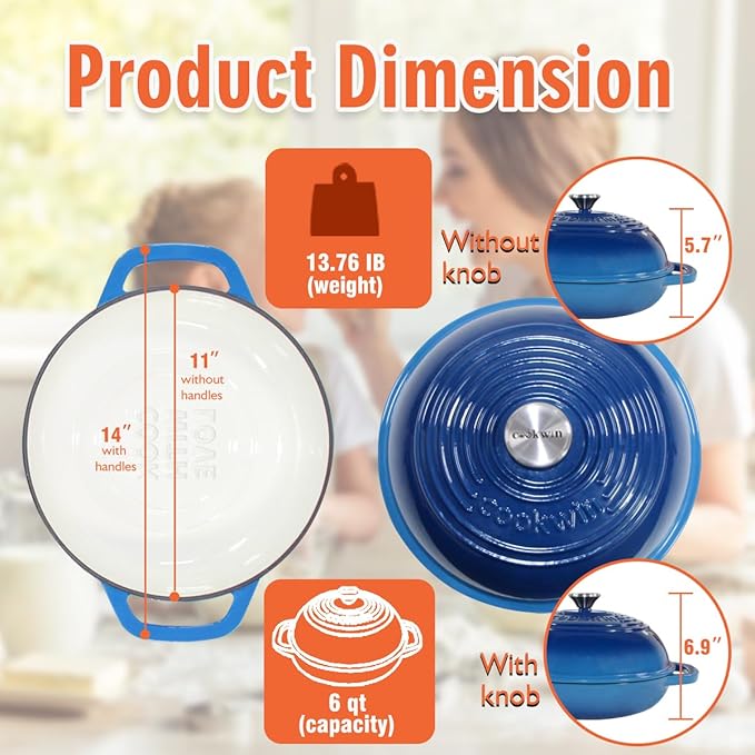 Enameled Cast Iron Bread Oven, 6 Quart Dutch Oven for Bread Sourdough Baking, 11" Thick Enamel Bread Baking Pan Kit with Lid for Stews, Roasts and Gifts for Family, Blue