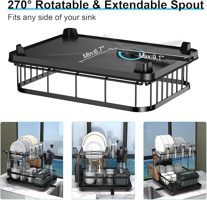 2 Tier Dish Drying Rack with Drainboard, Large Dish Organizer and Strainer Set for Kitchen Counter with Mat, Wine Glass Holder and Utensil Holder