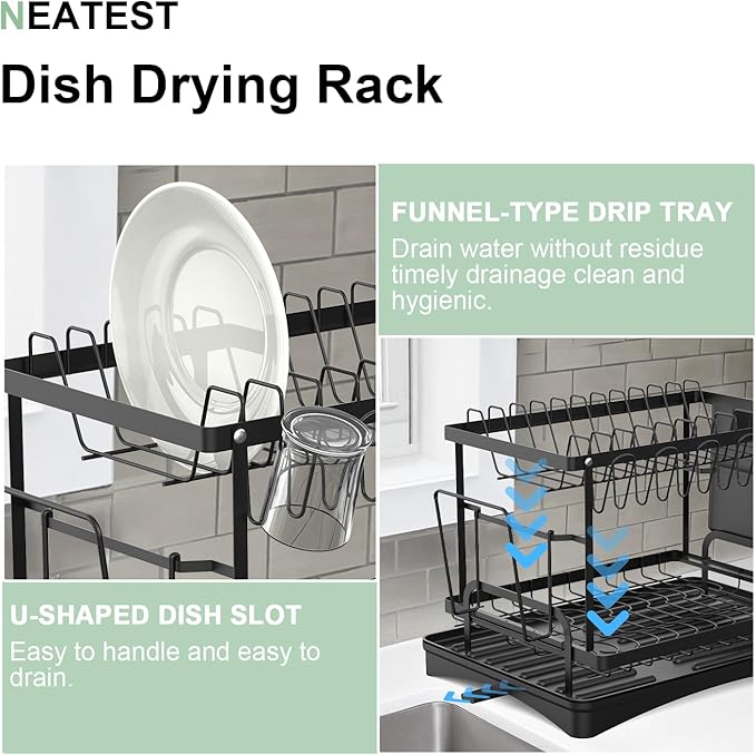 NEATEST Dish Drying Rack, 2-Tier Dish Rack for Kitchen Counter with Auto Draining Tray Kitchen Organizers and Storage with Cutlery Holder for Dish/Knifes/Cup/Cutting Board Dish Drainer