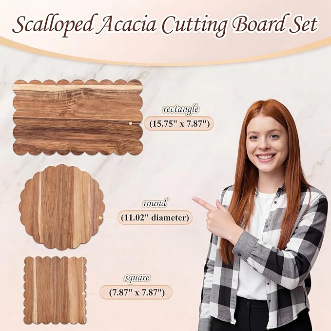 3 Pcs Acacia Wood Scalloped Cutting Boards Set, Decorative Cutting Boards Wooden Charcuterie Board for Grandmillenial Cottage Core Decor Kitchen Cheese Meat Fruit Bread Chopping Blocks