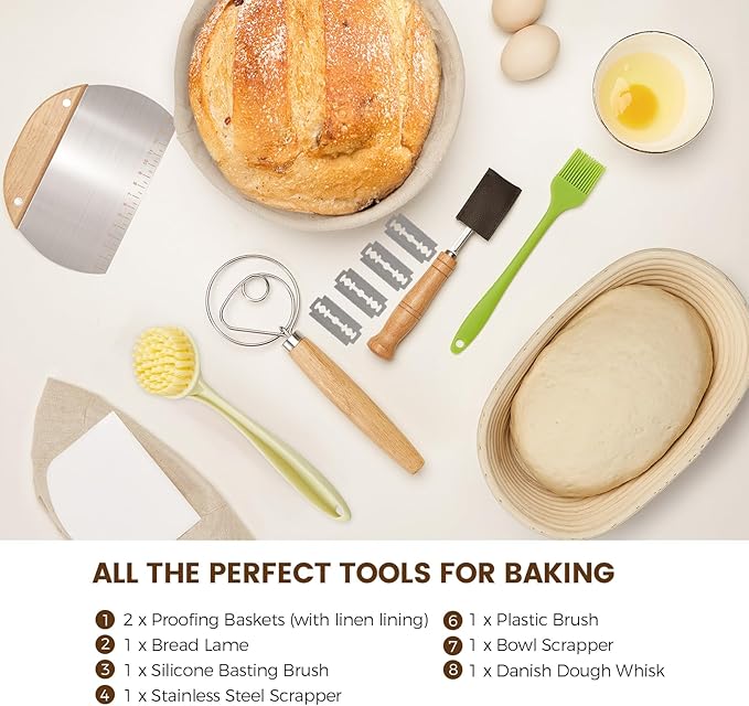 Banneton Bread Proofing Basket - Sourdough Starter Kit Banneton Sourdough Proofing Basket Set of 2, Sourdough Bread Baking Supplies for Making Baking Fermentation (9" Round & 10" Oval, 6 Accessories)