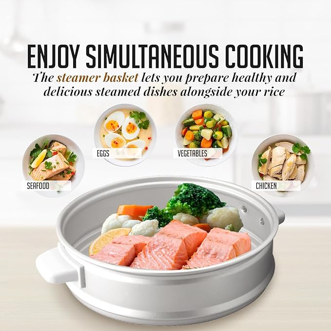 OVENTE Electric Rice Cooker and Food Steamer – 10-Cup Cooked Capacity (5 Cups Uncooked), Nonstick Removable Pot, Keep Warm Function, Steaming Basket, Measuring Cup & Spatula Included, White RCS01W
