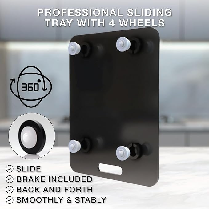 Smoovee - Sliding Surface - Eve Black 12.80 x 5.51 inch, Appliance Rolling Tray for Kitchen Appliances – 360° Wheels, Stainless Steel Hubs, Easy‑Clean Durable Tray