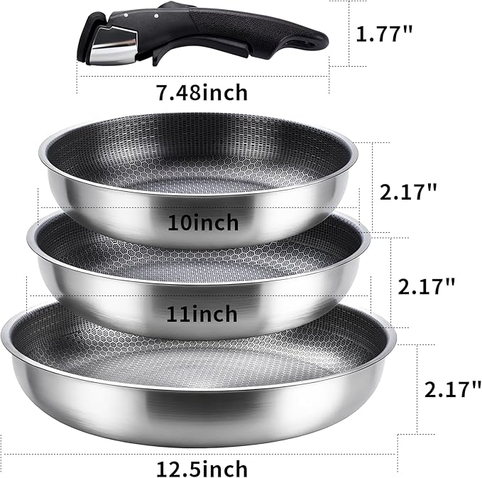 3-Piece Stainless Steel Pan Set with Detachable Handle, Oven Safe Cooking Pan, Multiple Sizes Skillets (10,11,12.5 inch), Induction & Cooktop Compatible Frying Pan