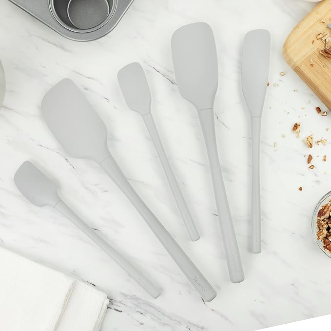 Tovolo Flex Core 5 Piece Silicone Spatula Set Heat Resistant All Silicone Utensils Include Non Stick Spatula Spoonula Jar Scraper, Dishwasher Safe BPA Free Spatulas for Baking Mixing, Oyster Gray