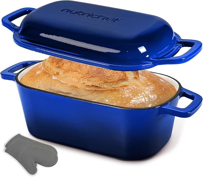 NutriChef 10" Enameled Cast Iron Bread Pan with Lid, Oval Loaf Dutch Oven with Silicone Gloves, Oven-Safe to 500°F, for Baking, Roasting, Stewing & More, Dishwasher Safe (Blue)