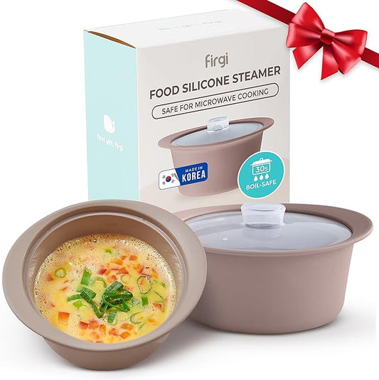 40oz Platinum Silicone Microwave Steamer Pot with Handle & Lid - Korean 100% Food-Grade Steamer Bowl, Heat-Resistant Cooker with Steam Holes, Easy Clean, Dishwasher Safe, Taupe Brown