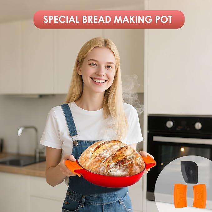 LIFERUN 6qt Enameled Cast Iron Dutch Oven for Sourdough Bread Baking, Non-Stick Dome-Shaped Bread Oven Pot with Lid, Silicone Handles and Scraper, Red