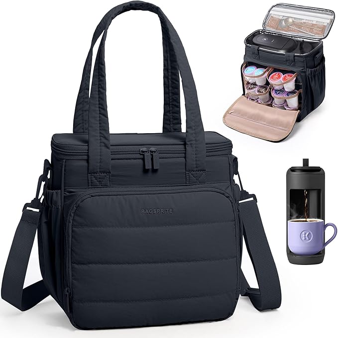 BAGSPRITE Coffee Maker Travel Bag Compatible with Keurig K-Mini Mate, Carrying Case for K-Cup Single Serve Coffee Maker, Portable Coffee Maker Case with Pod Organizer, Mug Pockets & Shoulder Strap
