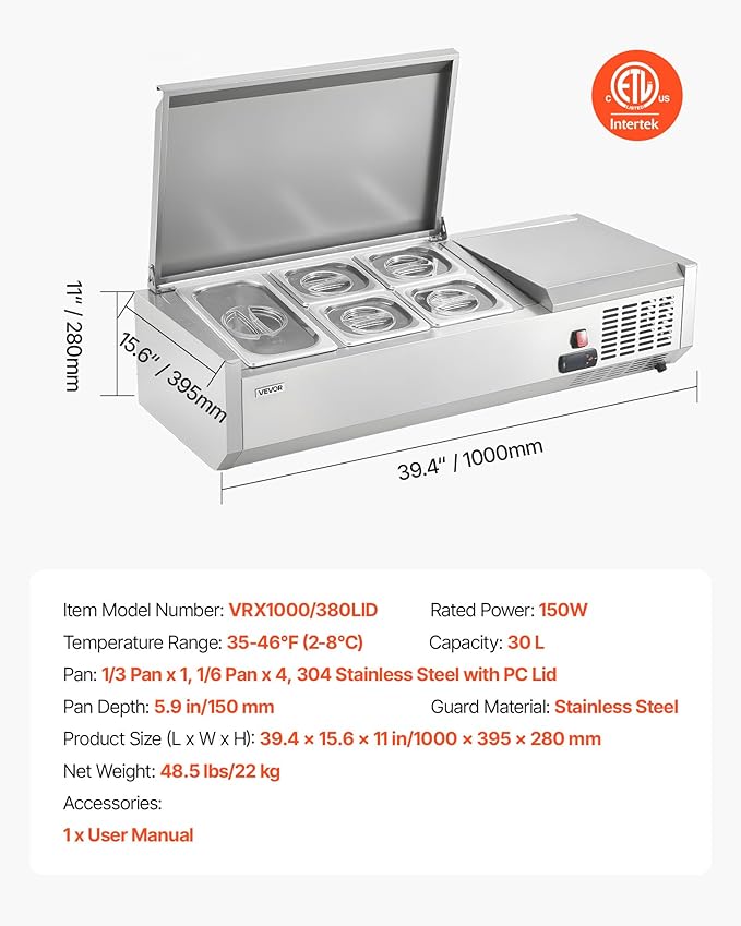 VEVOR Refrigerated Condiment Prep Station, 120 W Countertop Refrigerated Condiment Station, with One 1/3 Pan & Four 1/6 Pans, 304 Stainless Body and PC Lid, Sandwich Prep Table with Stainless Guard