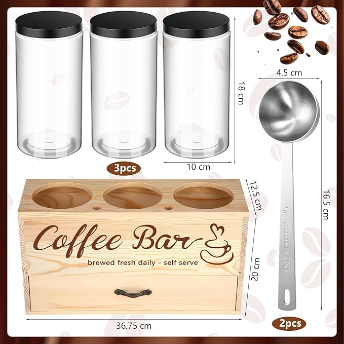 3 Pcs Coffee Canister Set with Shelf and Spoon Plastic Coffee Bean Storage Container with Lids Coffee Storage Box with Drawer Food Storage Jars for Coffee Bar Kitchen (Wood Color)