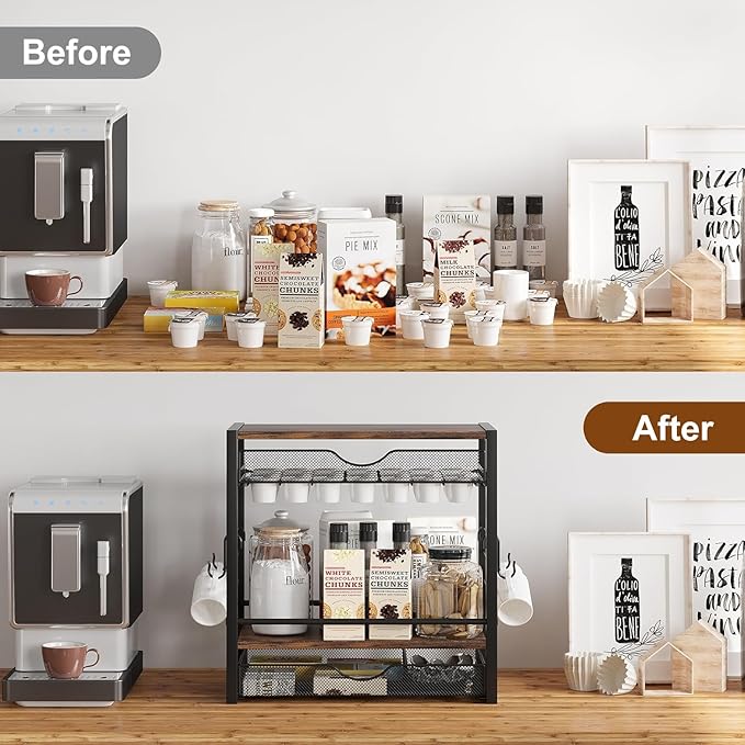 TQVAI Coffee Bar Organizer for Countertop 3-Tier 70 Capsules Coffee Station Organizer with Sliding K Cup Drawer & 4 Coffee Cup Hooks for Coffee Bar Accessories, Black