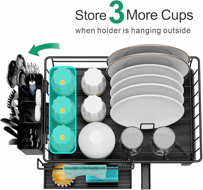 GSlife Small Dish Drying Rack for Kitchen Counter with Sponge Holder - Compact Dish Drainer for RV, Camper and Apartment, Rust-Resistant Wire Rack with Drainboard & Utensil Holder (Black)