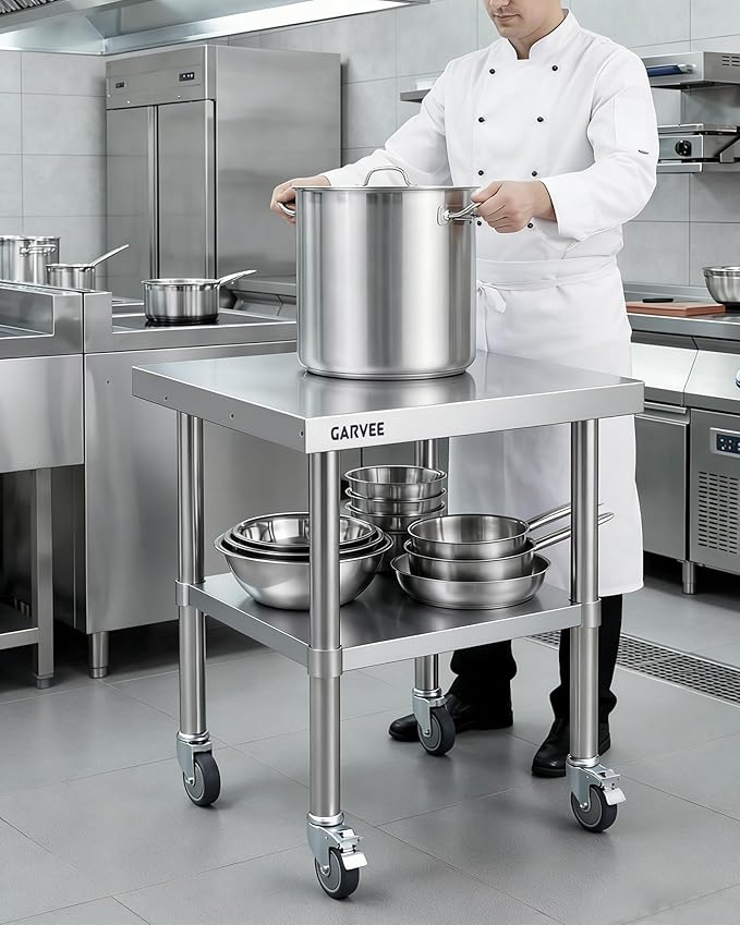 Garvee Stainless Steel Work Table, 30x30x26 Inch Commercial Food Prep Worktable with Wheels, Detachable 3-Sided Backsplash & Height-Adjustable Shelf, Heavy Duty Workbench for Kitchen Restaurant Garage