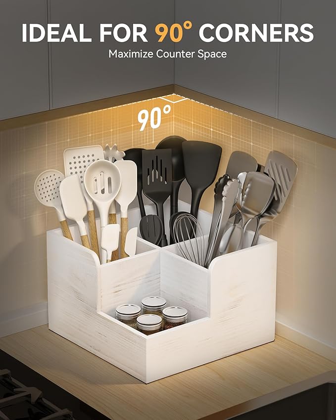 Yofidra Kitchen Utensil Holder with Stone Drying Mats, 4 Compartments Corner Utensil Holder for Kitchen Countertop, Extra Large Silverware Organizer (White)