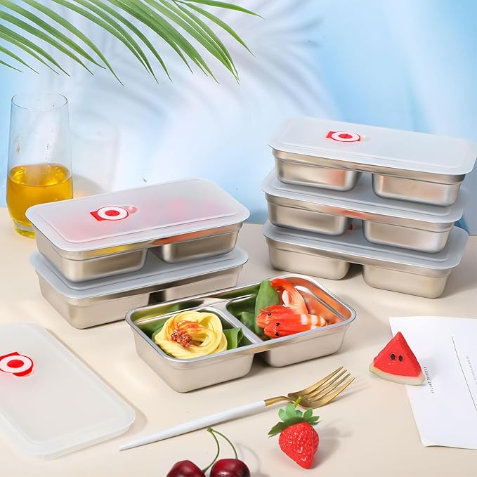 12 Pcs Stainless Steel Snack Containers 30 oz 2-compartment Meal Prep Containers Reusable Metal Divided Bento Box with Silicone Lids Leakproof Lunch Box Dishwasher Safe (White)