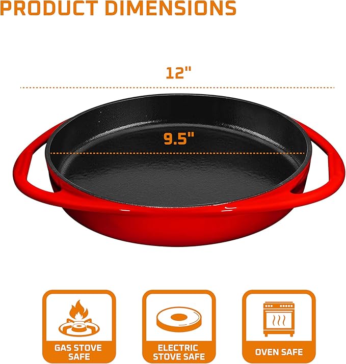 Bruntmor 9.5-Inch Red Enameled Cast Iron Pan - Oven Safe Deep Dish Pizza Pan with Dual Handles - Pie Dish for Baking - Even Heat Distribution - Durable Nonstick Enamel Finish for Versatile Cooking