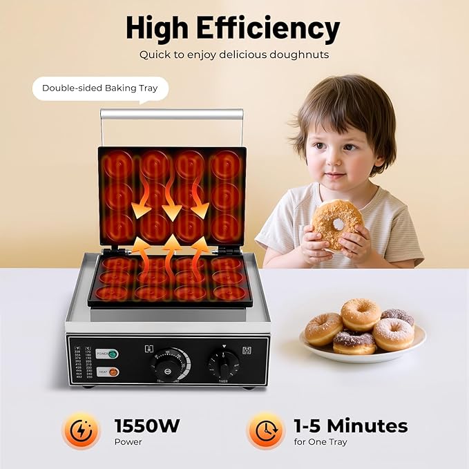 Electric Donut Maker, 110V 1550W Commercial Non-Stick Doughnut Machine 122-572℉ Double-Sided Heating Pancakes Maker Machine w/12 Holes for Parties Kitchen Cafes & Tea Stores