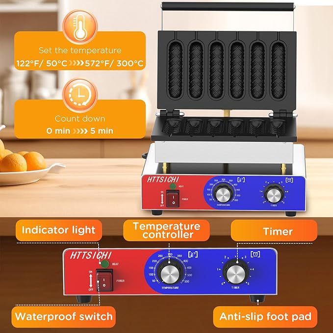 Waffle Stick Maker -Commercial Corn Dog Maker w/Non-stick Baking Pans, 550 ℉ Temperature and Timer, 1550W Corndog Maker Machine for Double Baking, 110V Waffle Stick Maker Machine for Hotel