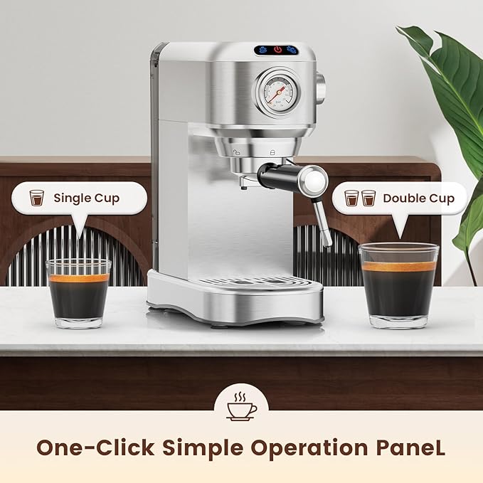 Espresso Machine 20 Bar, Compact Espresso Maker, Stainless Steel Expresso Coffee Machines with Steam Milk Frother & 34oz Removable Water Tank for Cappuccino, Latte, Home Office Use, Silver