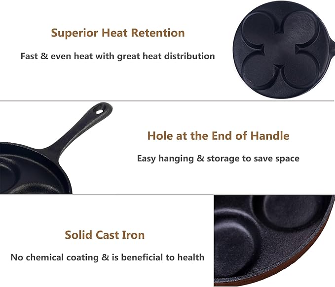 4-Cup Cast Iron Fried Egg Pan 9.5” Pancake Pan Burger Omelet Cooker Griddle Egg Skillet for Breakfast, Kitchen Cookware for Gas Stove & Induction Cooker