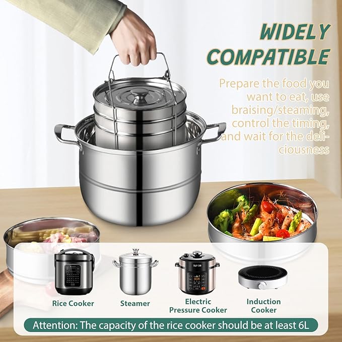 Stackable Stainless Steel Steamer Pots Set - 3 Tier Pans for 6QT Pressure Cookers, Dishwasher Safe Insert Cookware Instant Pot Accessories Stacking Pots for Steaming, Cooking, Serving