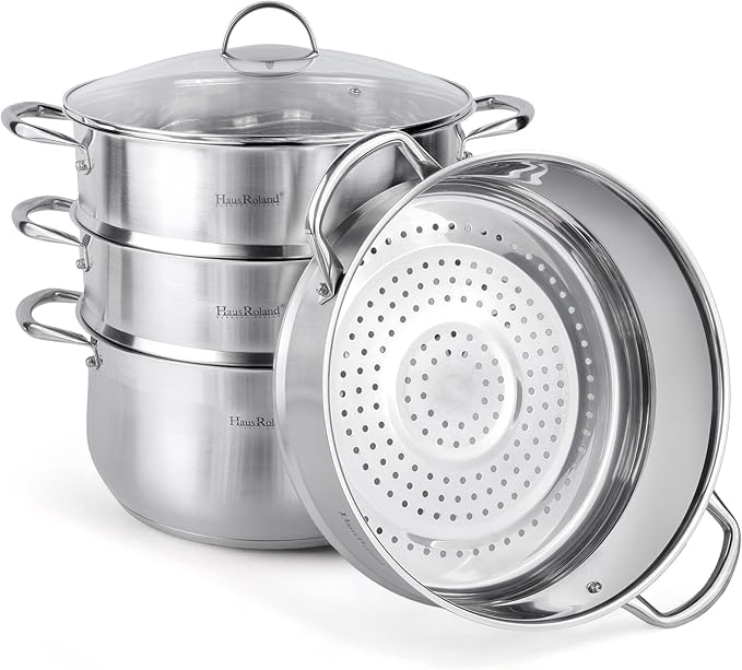3-Tier Stainless Steel Steamer Pot with Lid Dumpling Steamer Pot for Cooking (3-tiered), Multi-Layer Cookware Pot, Food Vegetable Cooking Pan with Stackable Pan Insert for Vegetable, Dumpling, Meat, Dishwasher safe, Induction Safe (Silver, 9.08-qt. (8....