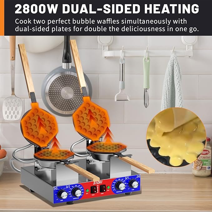 Bubble Waffle Maker - Commercial Egg Waffle Maker w/Two Non-stick Baking Pans, Temperature and Timers, 2800W Professional Bubble Waffle Machine for Double Baking, Hong Kong Egg Waffle Iron