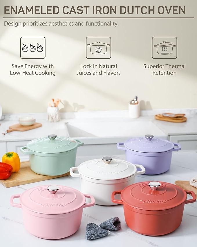 Enameled Cast Iron Dutch Oven – 4.4 Quart Pot with Lid & Potholders – Heavy-Duty Cookware for Bread Baking, Braising, Stews & Roasting – Oven & Stovetop Safe up to 500°F – Off White
