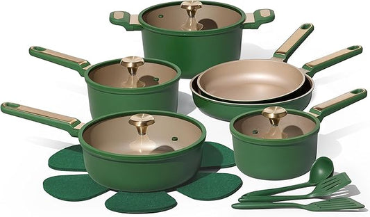 CAROTE Pots and Pans Set Non stick, 18pcs NonStick Kitchen Set Induction Cookware Non-toxic Cooking Set, Dishwasher/Oven Safe,Cookware Set,Green
