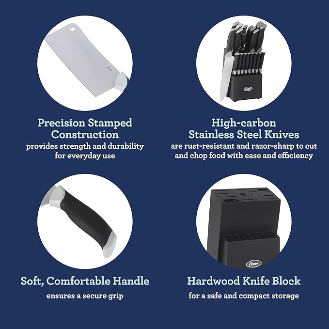 Oster Lindbergh 22 Piece High Carbon Stainless Steel Cutlery Kitchen Knife Block Set w/Black Knife Block - Black Handle - Cuchillos Para Cocina
