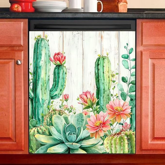 Cactus Succulent Floral Dishwasher Magnet Cover, Desert Plants Refrigerator Magnetic Vinyl Sticker for Dishwasher Door, Rustic Wood Decorative Kitchen Appliance Panel Decal, 23Wx26H Inches
