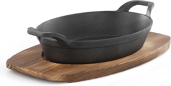 Megachef Cast Iron Mini Oval Pan/Saute Pan with Wood Tray, Cookware, Bakeware, Serveware (6 Piece)