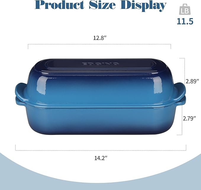 Enameled Cast Iron Loaf Pan with Lid, Bread pan, Dutch Oven Bread pan for Homemade Sourdough Bread Baking, 12.5x5.5 inch, 5qt, Lake Blue
