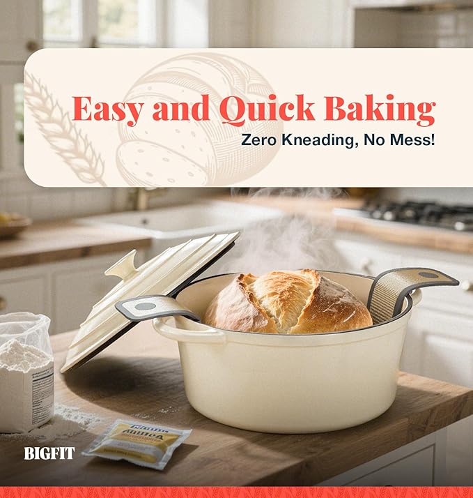 Cast Iron Dutch Oven for Bread Baking, With Banneton Bread Proofing Basket & Sourdough Baking Supplies, 5QT Multi-Functional Enameled Dutch Oven Pot with Lid, Cast Iron Bread Pan, White