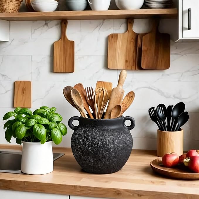 Qinyoung Rustic Kitchen Utensil Holder 6 Inch Small Ceramic Utensil Holder with Handle Vintage Crock Decoration Spatula Organizer for Kitchen Countertop Farmhouse Party Supplies(Black,Elegant)