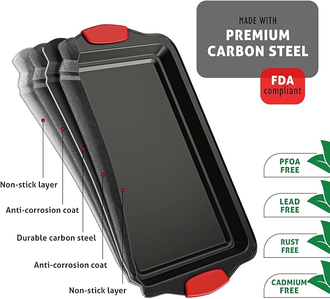 Baking Sheet Set, 3-Piece Cookie Sheet Set with Silicone Handles, Steel Baking Pan, Durable Baking Sheets for Oven, BPA Free Cookie Sheets for Baking Nonstick Set, Premium Sheet Pan, Black Baking Tray