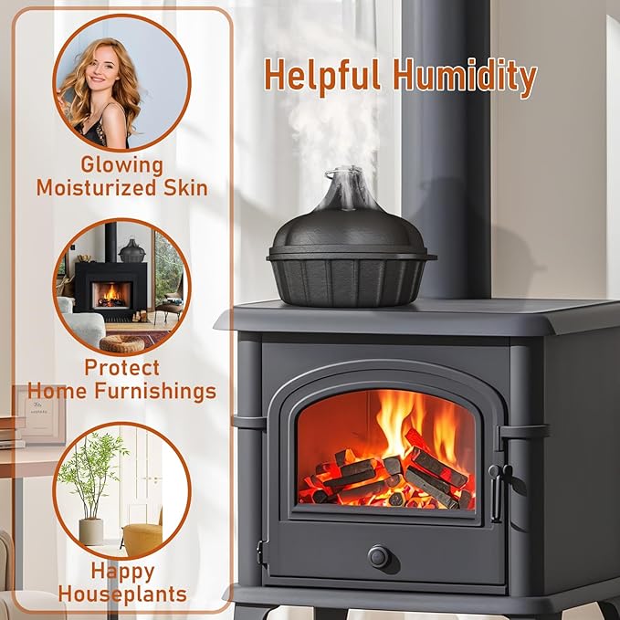 Wood Stove Steamer & Woodstove Steamer Stove Humidifier Cast Iron, 2.3 Quart Round Fireplace Humidifier & Simmer Pots with Heart-shaped Vent At The Top Covers (Round-1)
