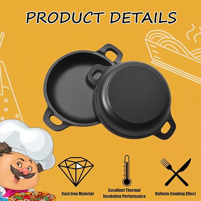 Mini Cast Iron Skillets Set of 6, 5 x 5 x 1.3 Inch Small Cast Iron Pan with Handles, Mini Ramekins Round Black Casserole Dish Cookware Small Skillets for Serving Food Frying Baking Cooking Roasting