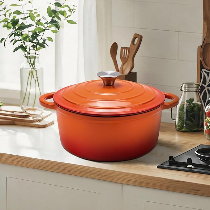 5.5QT Enameled Cast Iron Dutch Oven Pot with Lid,Heavy-Duty Cookware for Sourdough Bread Baking,Braising,Stews,Roasting,Oven Safe up to 500°F,orange