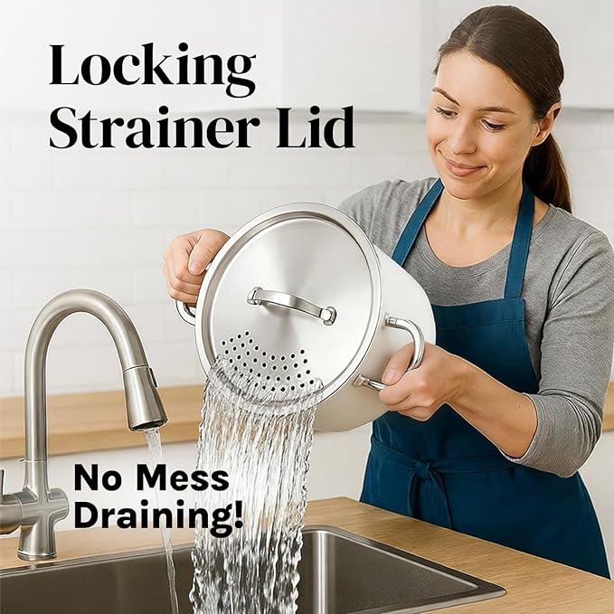 Pasta Pot with Strainer Lid - 5.5 Quart Large Spaghetti Pot - Twist & Lock for Easy Drain & No Colander Or Strainer Basket Insert Needed - Dishwasher Safe Pots