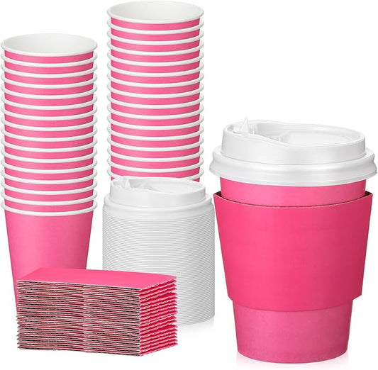 Patelai 48 Pcs 12 oz Disposable Coffee Cups with Lids and Sleeves Bulk, Insulated Hot Chocolate Paper Cup for Hot and Cold Beverage Water Juice Cocoa Tea Party Restaurants Travel Supplies (Dark Pink)