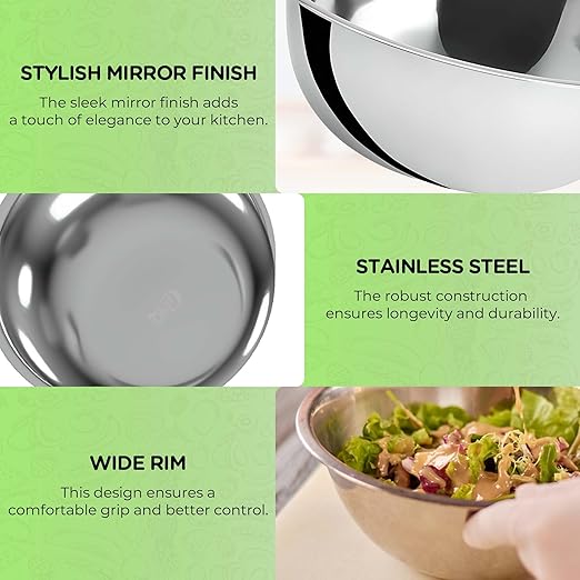 OCS Parts 3 Quart Mixing Bowls | Set of 2 | 9.75-Inch Stainless Steel Professional Grade Flat Base Mixing Bowls for Home and Commercial Kitchens | Dishwasher Safe